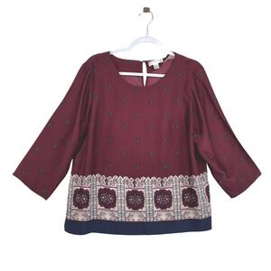 Kenar Womens Burgundy Boho Medallion Print 3/4 Sleeve Blouse Top Large MC6812